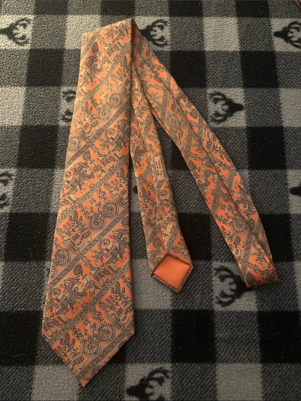 Hermes Orange and Brown Patterned Silk Tie